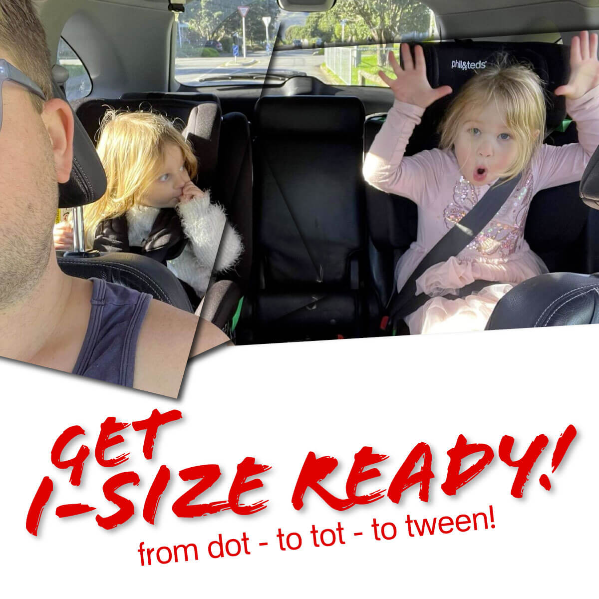 two kids safely belted into child sized car seats while dad drives - philandteds alpha, evolution and columbus carseats